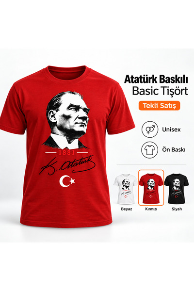 Atatürk Baskılı Tişört Unisex Basic Bisiklet Yaka 29 Ekim Cumhuriyet Tişörtü