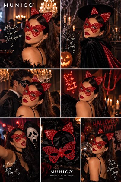 Munico Gösterişli Kırmızı Kelebek Maske Kedi Kulak Taç 2'li Set Kadın Hallowe...