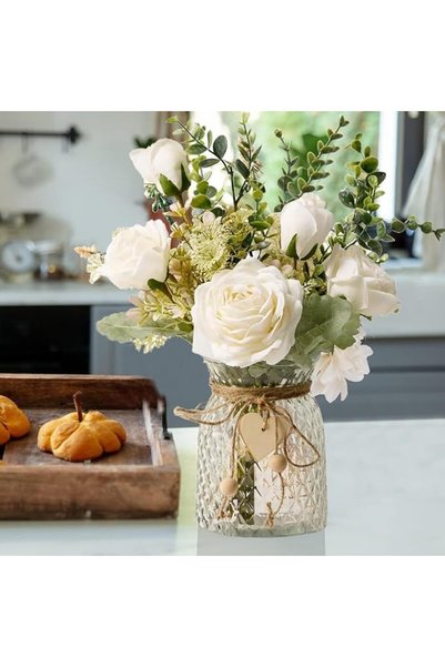 NIUBI Fake Flowers with Vase, Silk Roses Artificial Flowers in Vase, Faux Flower Arrangement with Vase Sui