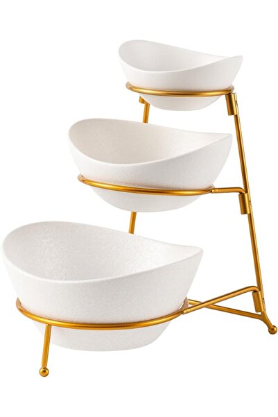 Royal Bone China Shallow Porcelain 3-Tier Serving Bowl Set with Black Stand R...