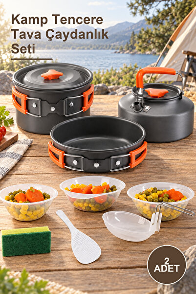 Yenilig 2 Pieces Camping Cookware Pan Teapot Set