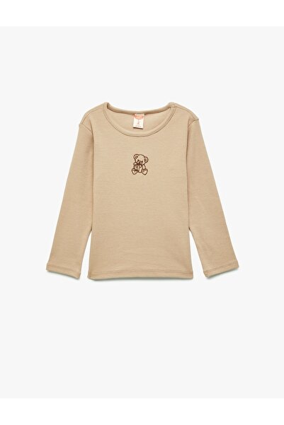 Koton Teddy Bear Embroidered Long Sleeve Crew Neck Cotton T-Shirt
