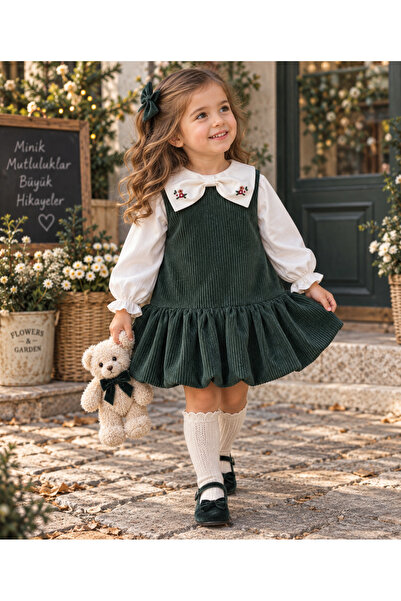 ministok Elara Girl's Velvet Gilet Set with Embroidered Collar Detail, Blouse...