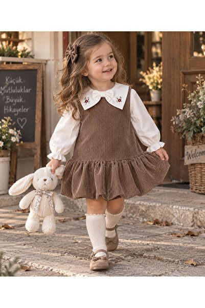 ministok Elara Girl's Velvet Gilet Set with Embroidered Collar Detail, Blouse...
