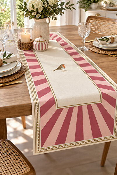 Benlisso Home Pembe Çizgili Krem zeminli Kuş Desenli Lovely Birds Dekoratif Runner Modern Şık Masa örtüsü 40x140 Leke Tutmaz