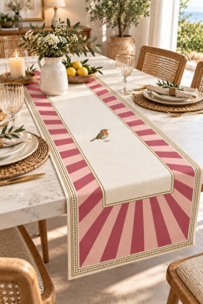 Benlisso Home Pembe Çizgili Krem zeminli Kuş Desenli Lovely Birds Dekoratif R...