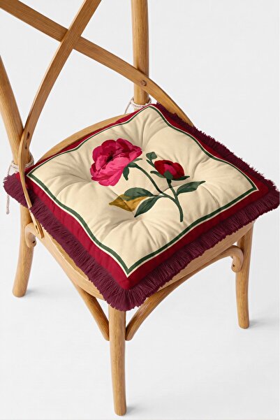 IdeCraft Vintage Pembe Şakayık Çiçeği Desenli Saçaklı Pofuduk Sandalye Minderi