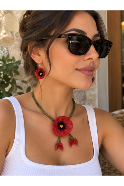 GikaBujiteri Otantik Gelincik ve Tomurcuklu İğne Oyası Kolye ve Küpe Seti