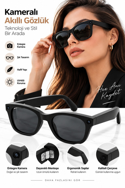 Lisinya Smart Glasses with Camera Smart Glasses Sunglasses Modern Black