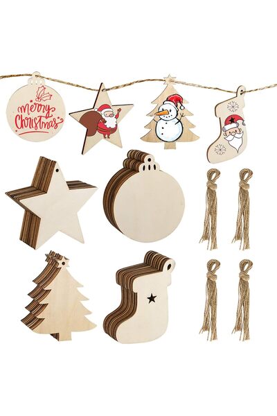 Noonedibs Set 40 decorațiuni lemn pe sfoară, 4 modele, DIY pentru pictat, orn...