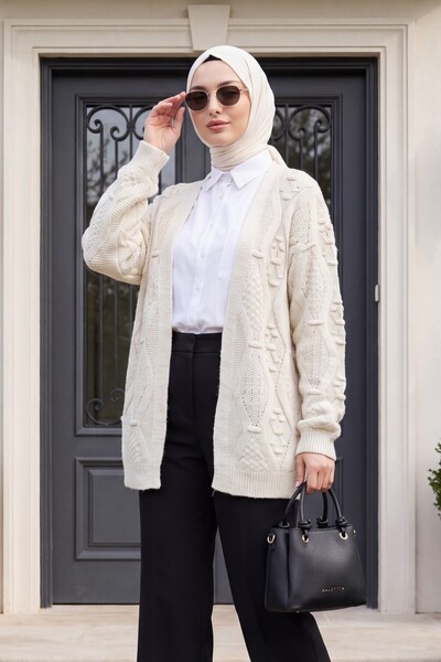 Modamorfo Pompom Detailed Araboy Knitwear Cardigan - Stone Color