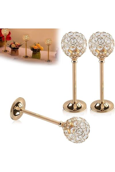 Arabest Gold Crystal Candle Holder Set,3 Pieces Metal Tealight Candelabras,Ta...