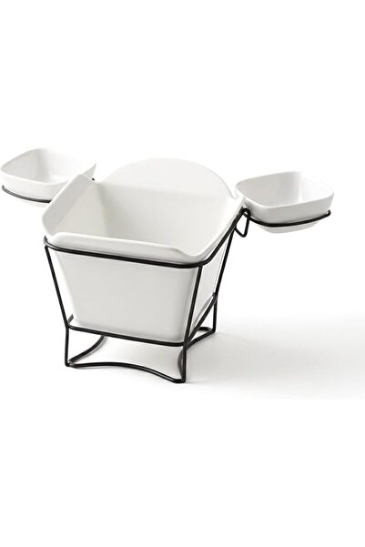 GENERAL White Porcelain French Fries Holder with Stand and 2 Sauce Dipping Bo...