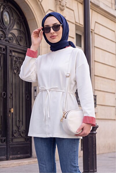 Modamorfo Slit Crew Neck Combed Cotton Sweatshirt with Tie at the Waist -White