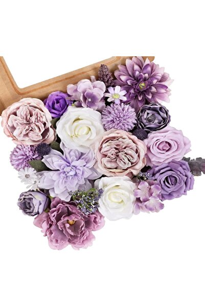 Arabest Purple Artificial Silk Flower Set,18 Pieces with Stems for DIY Weddin...