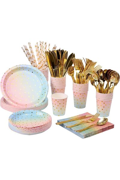 Arabest 200-Piece Rainbow Pastel Disposable Party Dinnerware Set,Serves 25,Pl...