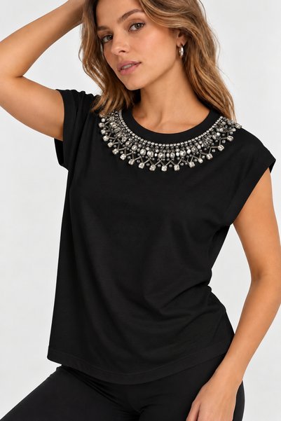 RENGARENG Women's Design T-Shirt with Stone and Bead Embroidery Detail, Low Double Sleeves, Black Blouse, Limited Edition