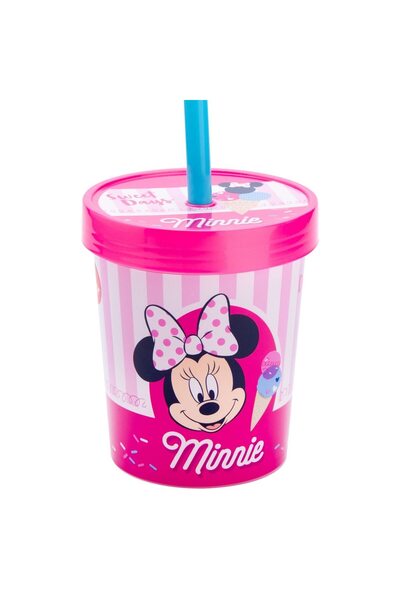 Disney Pahar cu pai si capac plastic alb roz Minnie, 560 ml