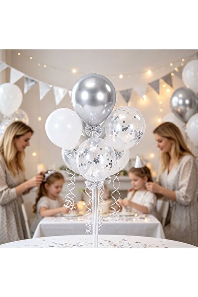 Re Complete set of 7 table balloons in silver-white color, balloons with shin...