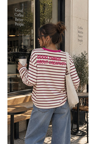 moda paketi Γυναικείο ριγέ φούτερ με μακριά μανίκια και στάμπα στον λαιμό