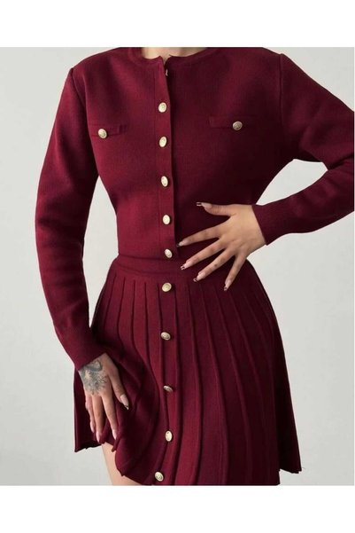 Alegre Gold Buttoned Knit Burgundy Pleated Cardigan Skirt Set Suitable for XS-S Size.