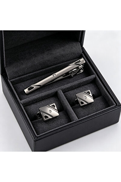 Generic Brand Cufflinks and Tie Clip Set for Men, Gunmetal Grey Geometric Hol...