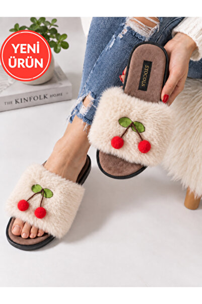 STOCON Cerise Cherry Detailed Plush Women's House Slippers Soft Sole Gift Dow...