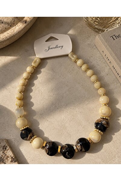 FloresDeCarnaval Cream Brown Marble Patterned Gold Detailed Bead Necklace
