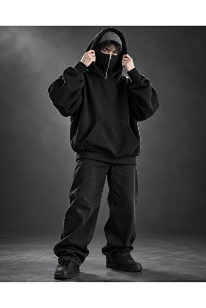 HAI COLLECTİON Erkek 3 İplik Ninja Maskeli Oversize Hoodie – Fermuarlı Maske ...