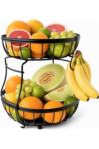 MIAMIO - 2-Tier Metal Fruit Bowl/Fruit Basket for Kitchen Counter (Black)