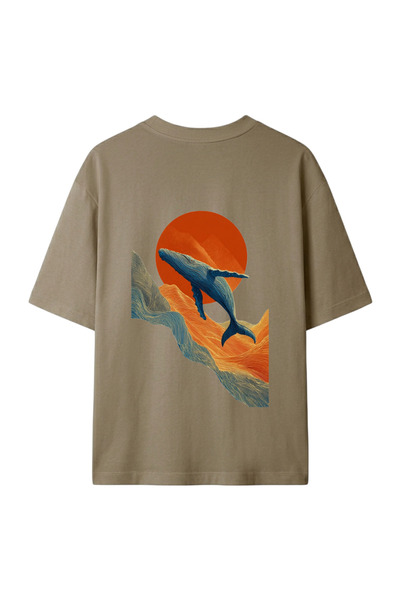 Sunset Whale Sırt Baskılı Oversize Tshirt BEYAZ / PREMIUM COLLECTION