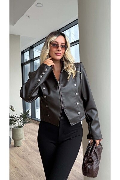 Lady Pixie Amiral Düğmeli Yarım Fermuar Deri Ceket