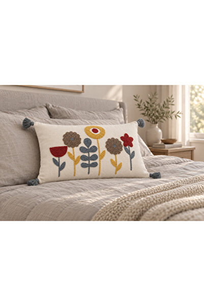 Yıldız Nakışlı Dekoratif Kırlent Kılıfı – Naturel / Hardal / Kiremit / Gri / Toprak 35×55 cm