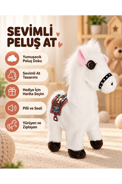 Duman 20 CM Sevimli Peluş At Oyuncak – Pilli, Sesli, Yürüyen,Hareketli Peluş At