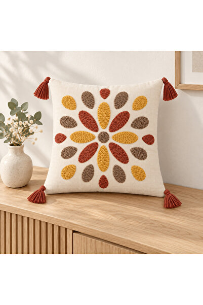 Damla Nakışlı Dekoratif Kırlent Kılıfı – Naturel / Hardal / Kiremit / Kahve 43×43 cm