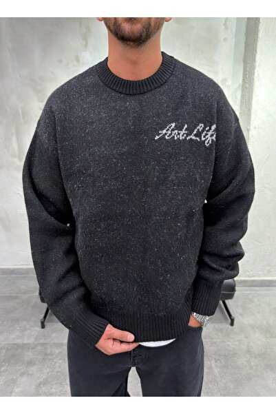 DIFRANSEL JEANS Art Life Texted Crew Neck Black Sweatshirt