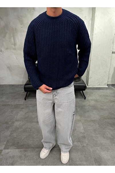 DIFRANSEL JEANS Boxy Fit Textured Long Sleeve Navy Blue Sweater