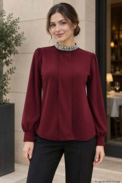 Mossta Stone Collar Imported Crepe Blouse - Burgundy