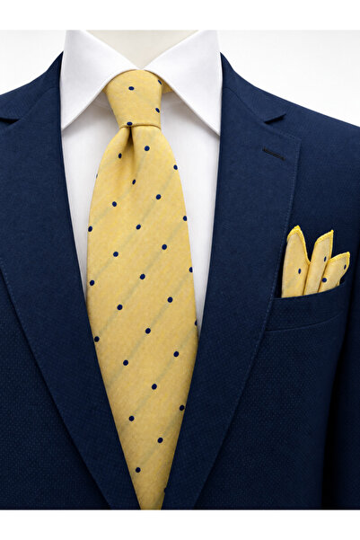 Brianze 8 cm Yellow Navy Blue Polka Dot Patterned Tie and Handkerchief Set