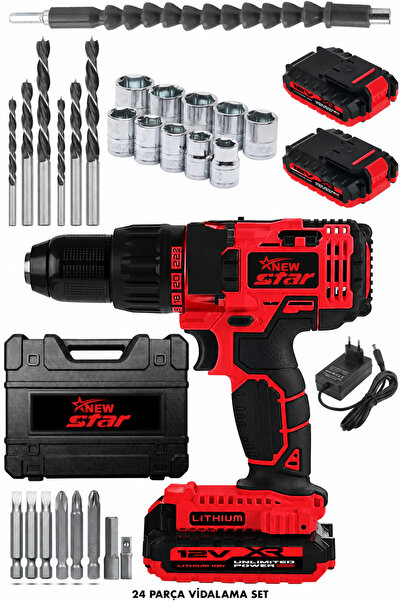 Newstar New Star 12 V 5 Ah Metal Dişli Sistem Li-lon Bataryalı Çift Akülü Vid...