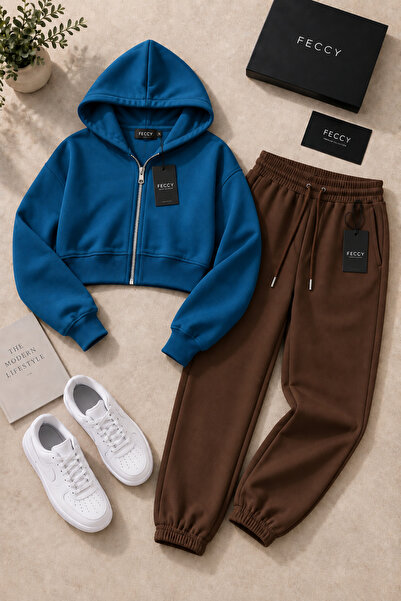 FECCY Women's Hooded Zippered Cropped Elastic Cuffed Sweatpants 3 Thread Rast...