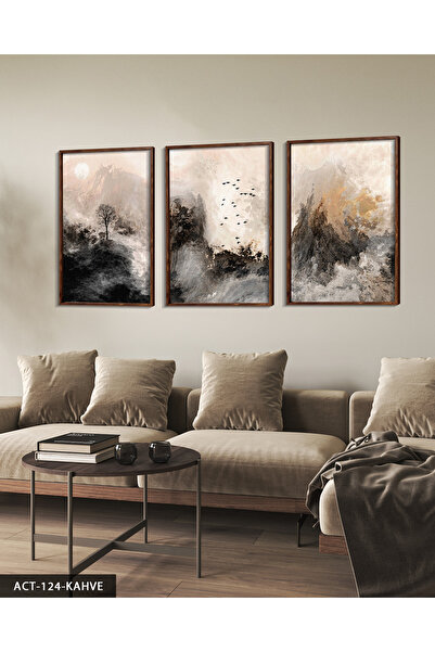 CeSht Fırça İzleriyle Modern Sanat 3 Parça Ahşap Çerçeveli Tablo ACT