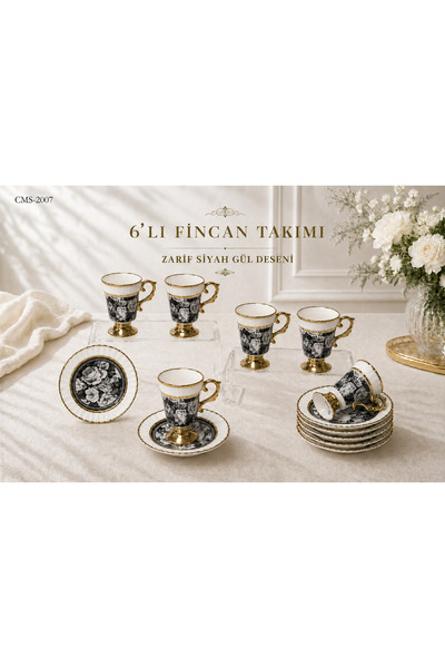 Queen’s Kitchen طقم قهوة من البورسلين بنقشة الورد الأسود لـ 6 أشخاص