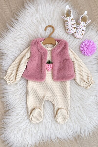 Baby Mii Kız Bebek Örgü Tulum Seti-Peluş Bolerolu Uzun Kollu