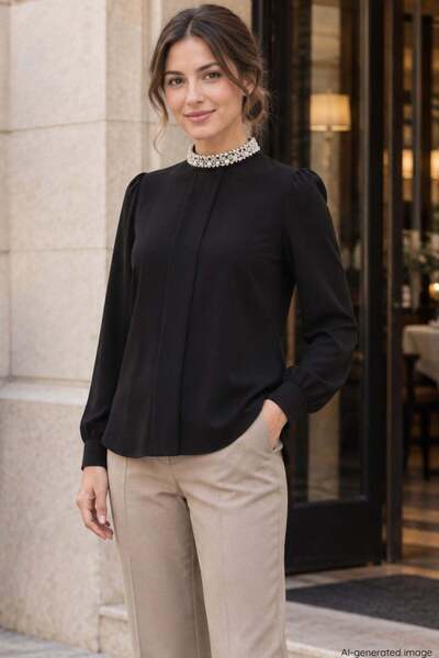 Mossta Stone Collar Imported Crepe Blouse - Black