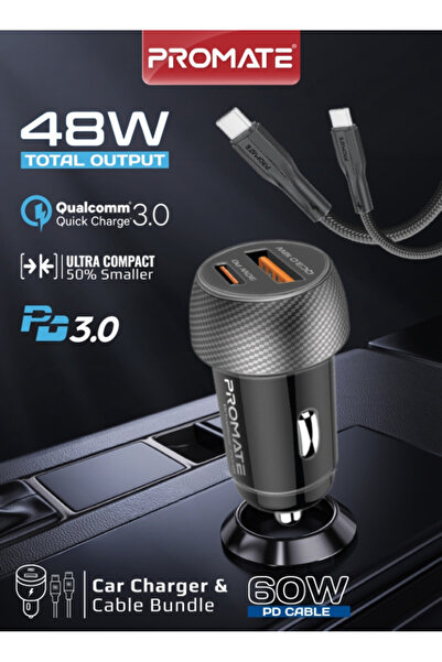 Promate شاحن سيارة USB مزدوج (Promate) بقوة إجمالية 48 واط، 30 واط USB-C PD، ...