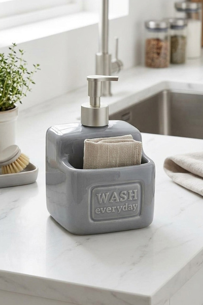 ALBETTO Porcelain Liquid Soap Dispenser with Sponge Holder Compartment 350ml ...