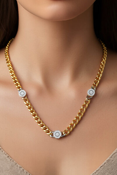 Nearsis Steel Zircon Triple Stone Thick Chain Necklace