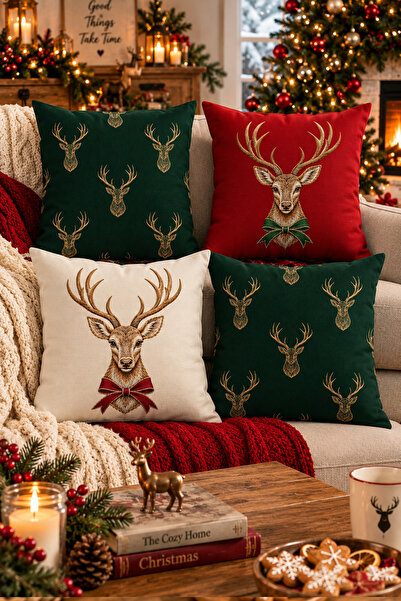 Evdek Christmas Çift Tarafı Baskılı 4’lü Kırlent Kılıfı 6ECHD4