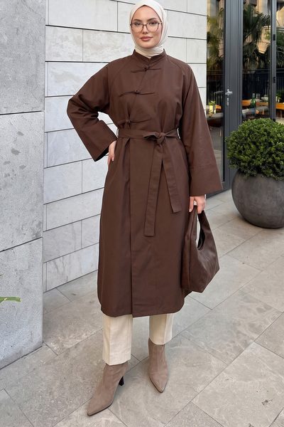 Salih Çelebi Chinese Buttoned Trench Coat 202702 - Brown